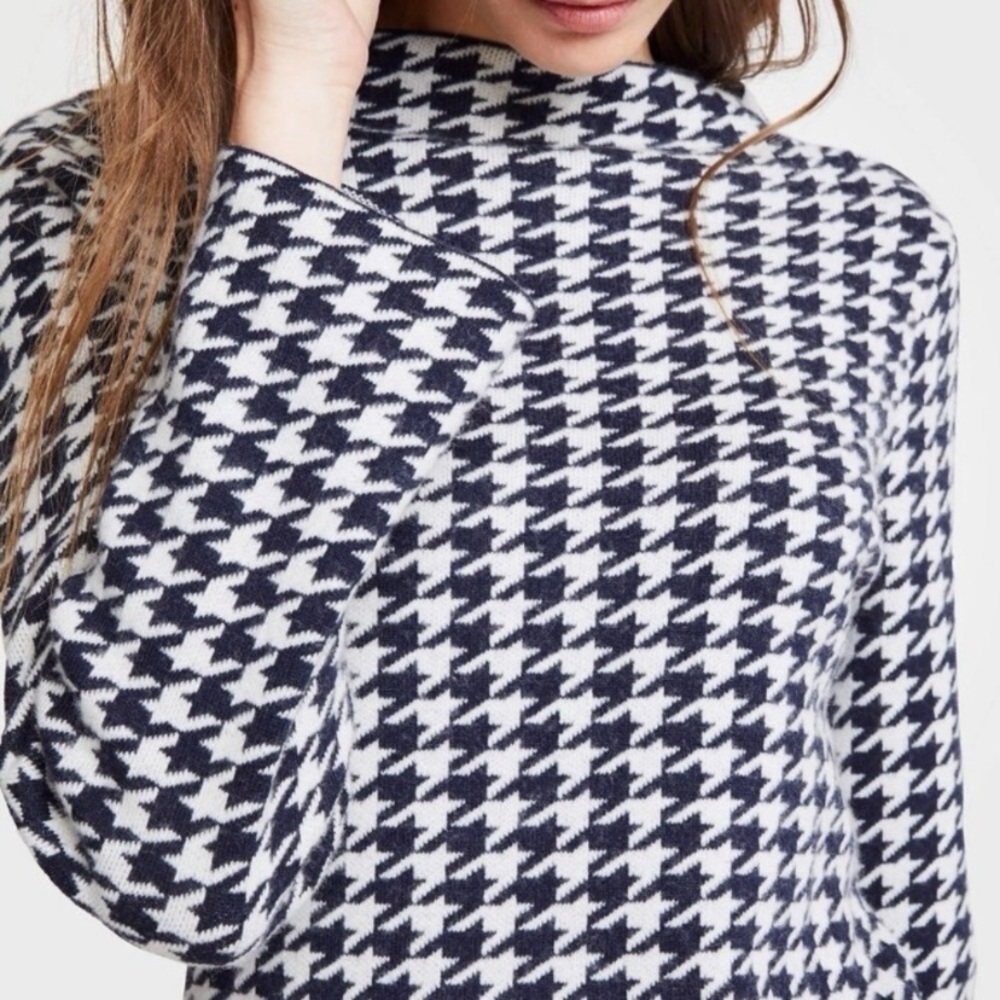 Ann Taylor Womens Houndstooth Sweater Size S Petites Mock Neck Wool Blend Blue - Picture 2 of 8